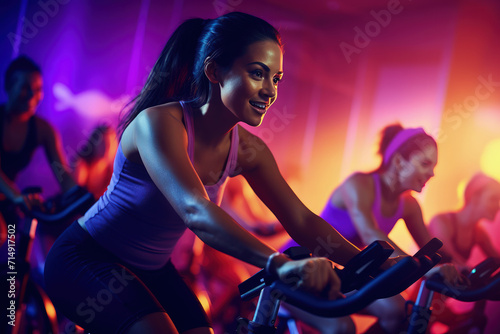 A group fitness class captured in action, featuring enthusiastic participants in a spinning and aerobics session, set in a vibrant gym studio.