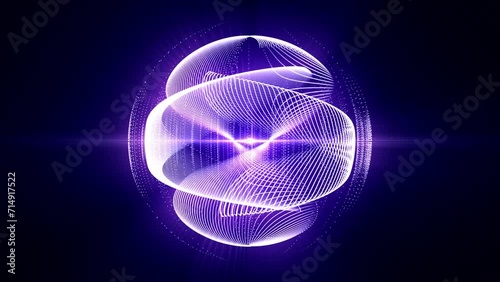 Seamless loop animation of abstract energy sphere made of white curvy lines and particles with blue and purple glow effect on a shiny dark background , motion graphics , looped video , 4k , 60 fps