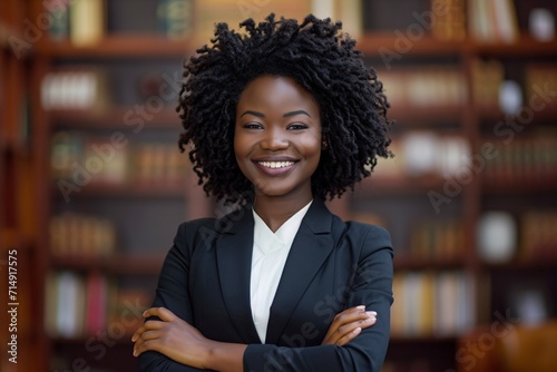 A confident African-American lawyer with crossed arms exuding empowerment and leadership in a law firm setting. photo