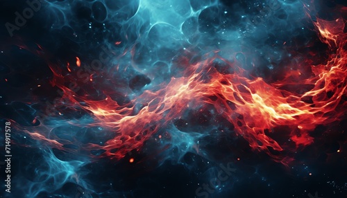 Abstract cosmic background with red and blue nebulae and stars.