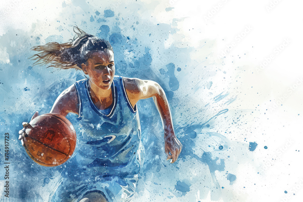 Basketball player in action, woman blue watercolor with copy space - obrazy, fototapety, plakaty 