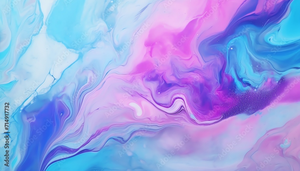 Abstract colorful marble ink background, fluid art with blue and pink swirls.