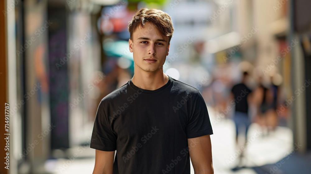 Fototapeta premium Young man wearing a black shirt and black shorts Generative AI