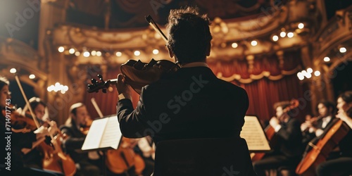 Photo Rear angle film of Conductor guiding Symphony Band with Musicians performing Violins Cello and Trumpet on Traditional Playhouse with Drapery Stage at Musical Show