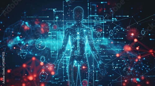 A 3D Anatomical Illustration of a Human Body with Blue Lights Generative AI photo