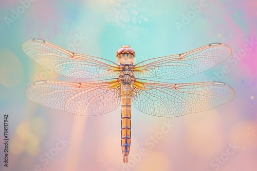  macro detail shot of a dragonfly, pastel background © World of AI