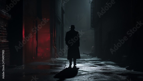 Mysterious silhouette of a man standing in a dark  foggy alley with red light in the background.