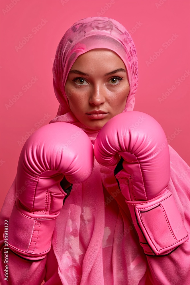 A woman wearing a pink headscarf and pink boxing gloves Generative AI A woman wearing a pink headscarf and pink boxing gloves Generative AI