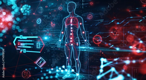 3D Anatomical Model of Human Body with Blue and Red Lights Generative AI photo