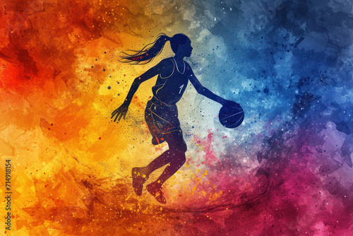Basketball player in action, woman colorful watercolor with copy space