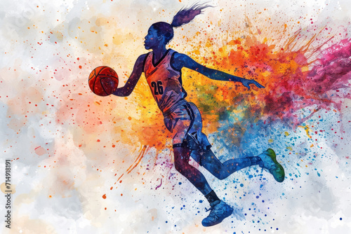 Basketball player in action, woman colorful watercolor with copy space © Aris