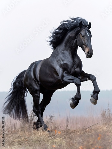 A solitary Black Stallion standing tall against a white backdrop.