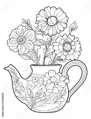Spring flower bouquet, vector lineal illustration, coloring page for adults