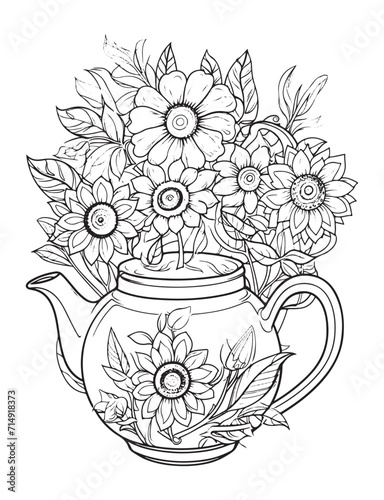 Spring flower bouquet, vector lineal illustration, coloring page for adults