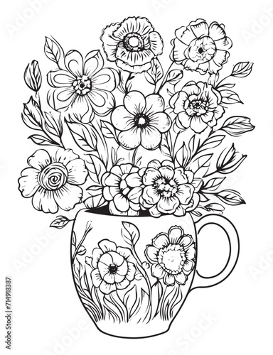 Spring flower bouquet, vector lineal illustration, coloring page for adults