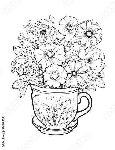 Spring flower bouquet, vector lineal illustration, coloring page for adults