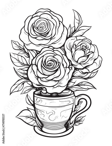 Spring flower bouquet, vector lineal illustration, coloring page for adults