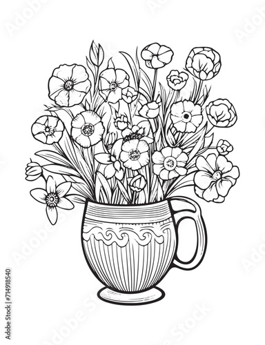 Spring flower bouquet, vector lineal illustration, coloring page for adults