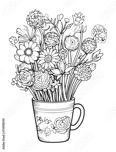 Spring flower bouquet, vector lineal illustration, coloring page for adults