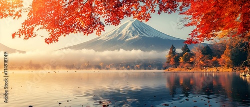 Colorful autumn season and mountains with morning fog and red leaves at a lake in Japan. © Rando