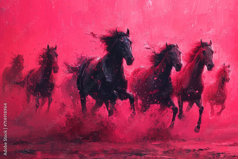 Pferde galoppieren, rosa Himmel - obrazy, fototapety, plakaty 
