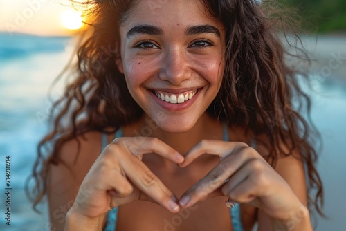 Close-up photo of happy lady in swimsuit at the beach forming a heart with her hands - Beautifully gleeful Latina woman posing for camera outdoors