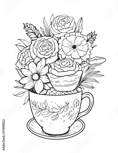 Spring flower bouquet, vector lineal illustration, coloring page for adults