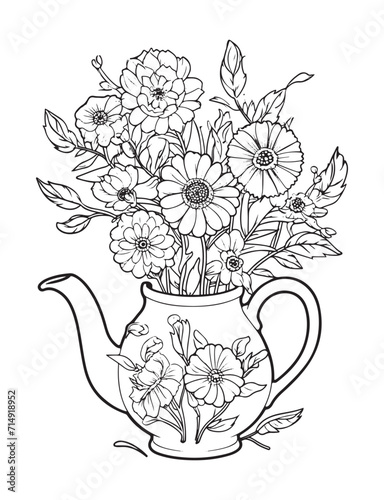Spring flower bouquet, vector lineal illustration, coloring page for adults
