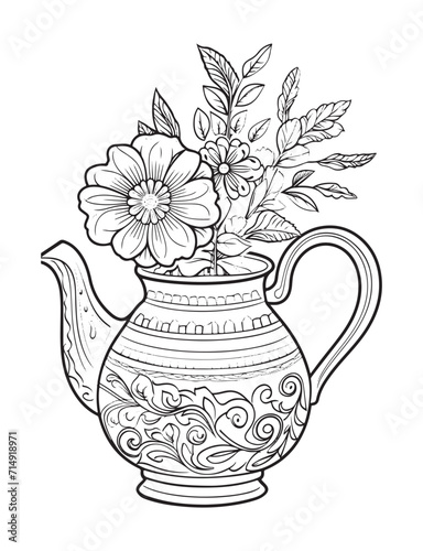 Spring flower bouquet, vector lineal illustration, coloring page for adults