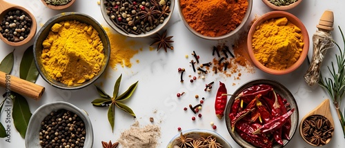 spices and herbs arranged on a wite table photo