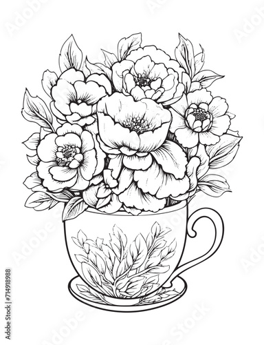 Spring flower bouquet, vector lineal illustration, coloring page for adults