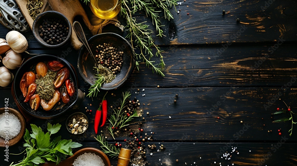 Cooking background, on a black wooden background. Top view. Free space for your text. Cooking background, on a black wooden background. Top view. Free space for your text.