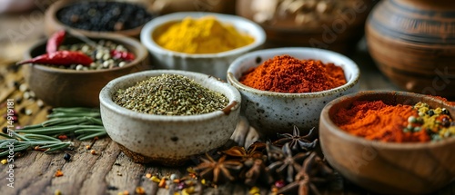Various types of seasonings and herbs on a wooden table. photo