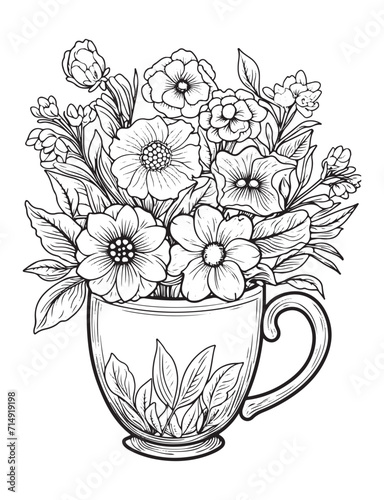 Spring flower bouquet, vector lineal illustration, coloring page for adults