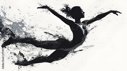 Creative black and white silhouette of a gymnastic girl striking a pose.
