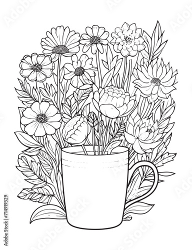 Spring flower bouquet, vector lineal illustration, coloring page for adults