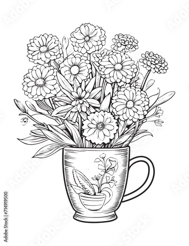 Spring flower bouquet, vector lineal illustration, coloring page for adults