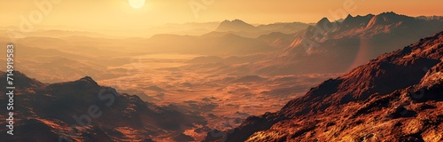 Wide panorama of Mars  the red planet  landscape with mountains during sunrise or sunset.