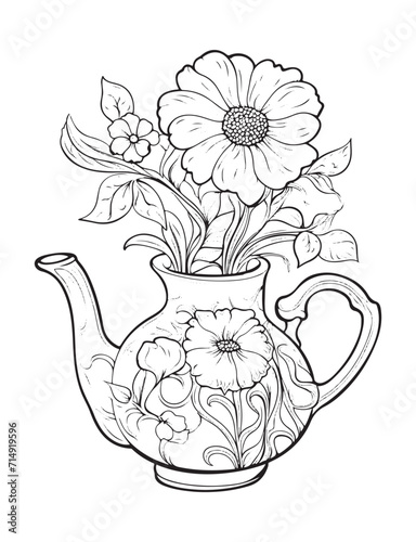 Spring flower bouquet, vector lineal illustration, coloring page for adults