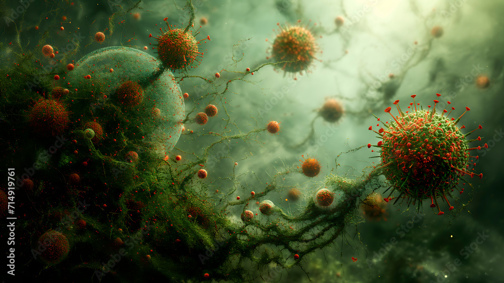 Ilustración de virus, bacterias y células vistas a través de un microscopio - obrazy, fototapety, plakaty 