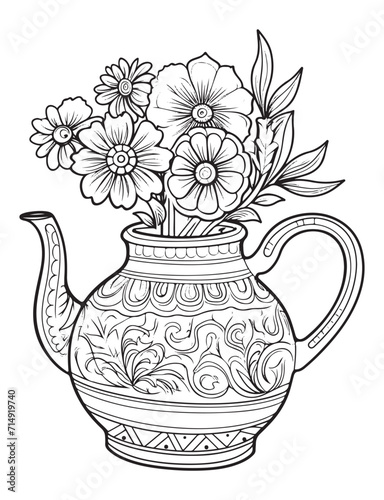 Spring flower bouquet, vector lineal illustration, coloring page for adults