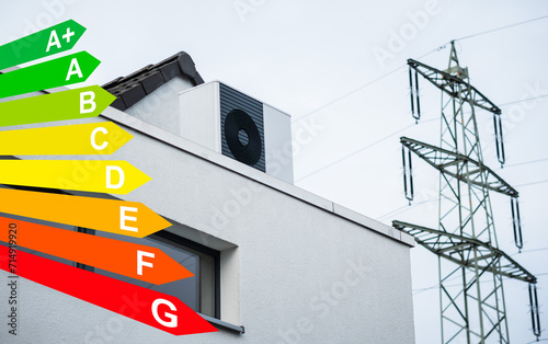 Wärmepumpe auf dem Dach eines Einfamilienhaus, Grafik mit Energieeffizienzklassen für Gebäude nach dem GEG in Düsseldorf, Hochspannungsleitung im Hintergrund, Düsseldorf, Deutschland