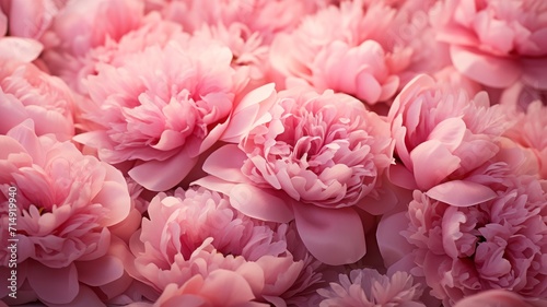 Delicate array of pink peonies in full bloom  with soft petals gently falling in a bright  airy space