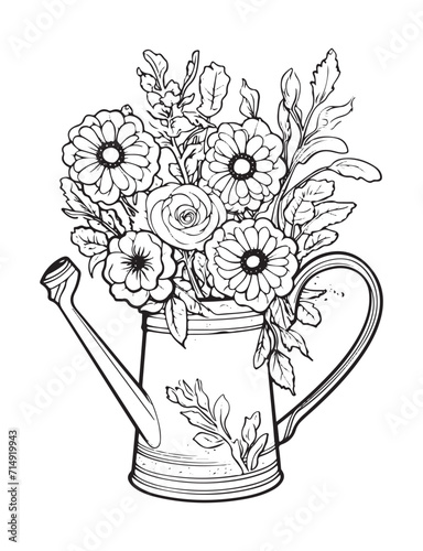 Spring flower bouquet, vector lineal illustration, coloring page for adults