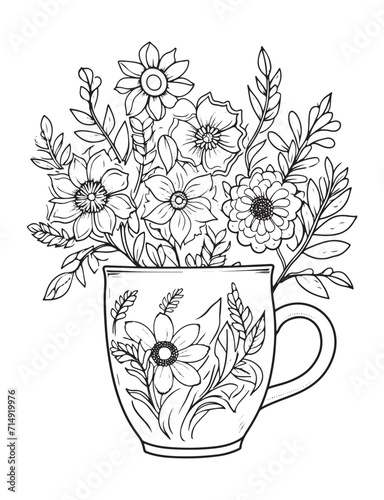 Spring flower bouquet, vector lineal illustration, coloring page for adults