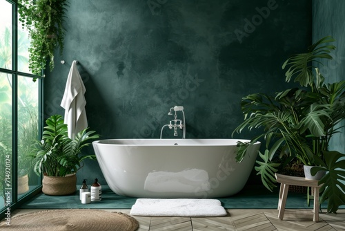 Modern stylish bathroom with white toilet bathtub and dark green walls in a minimalist style at simple apartment of hotel room or spa center. Interior design concept photo
