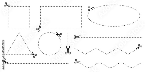 Cut here. Cut dash line. Set of scissors with cut line. Vector cutting scissors isolated on white background. Scissors cutting rectangle, round, square,triangle shape with dashed line.