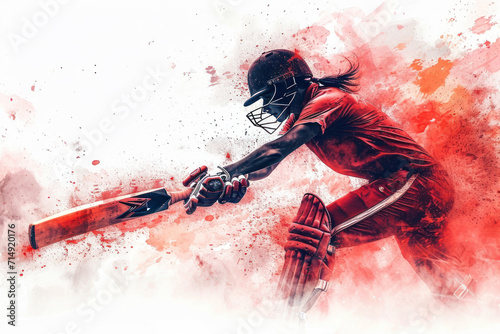 Cricket player in action, woman red watercolor with copy space