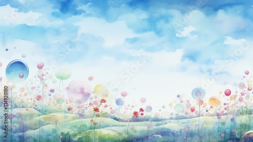 Whimsical landscape with a rainbow arching over a field of iridescent bubbles, pastel hues dominate, and a clear blue sky