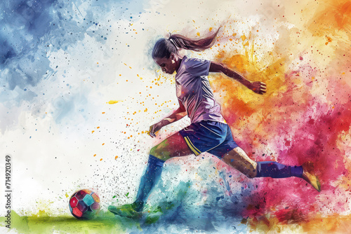 Soccer player in action, woman colorful watercolor with copy space